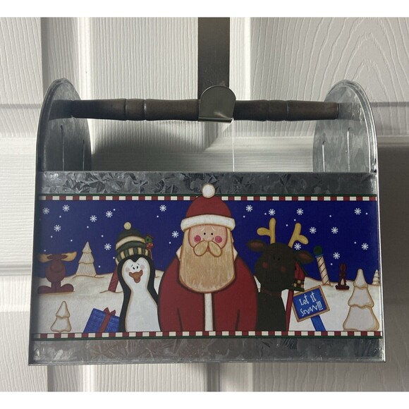 Tin Box Company Santa and Penguin Utensil Caddy Holder Dinner Party Dented Tags - Picture 4 of 13